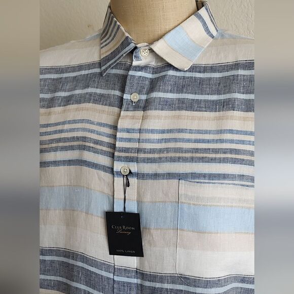 CLUB Room Luxury Men's Horizontal Striped 100% Linen Short-Sleeve Shirt Size XXL - Picture 3 of 11